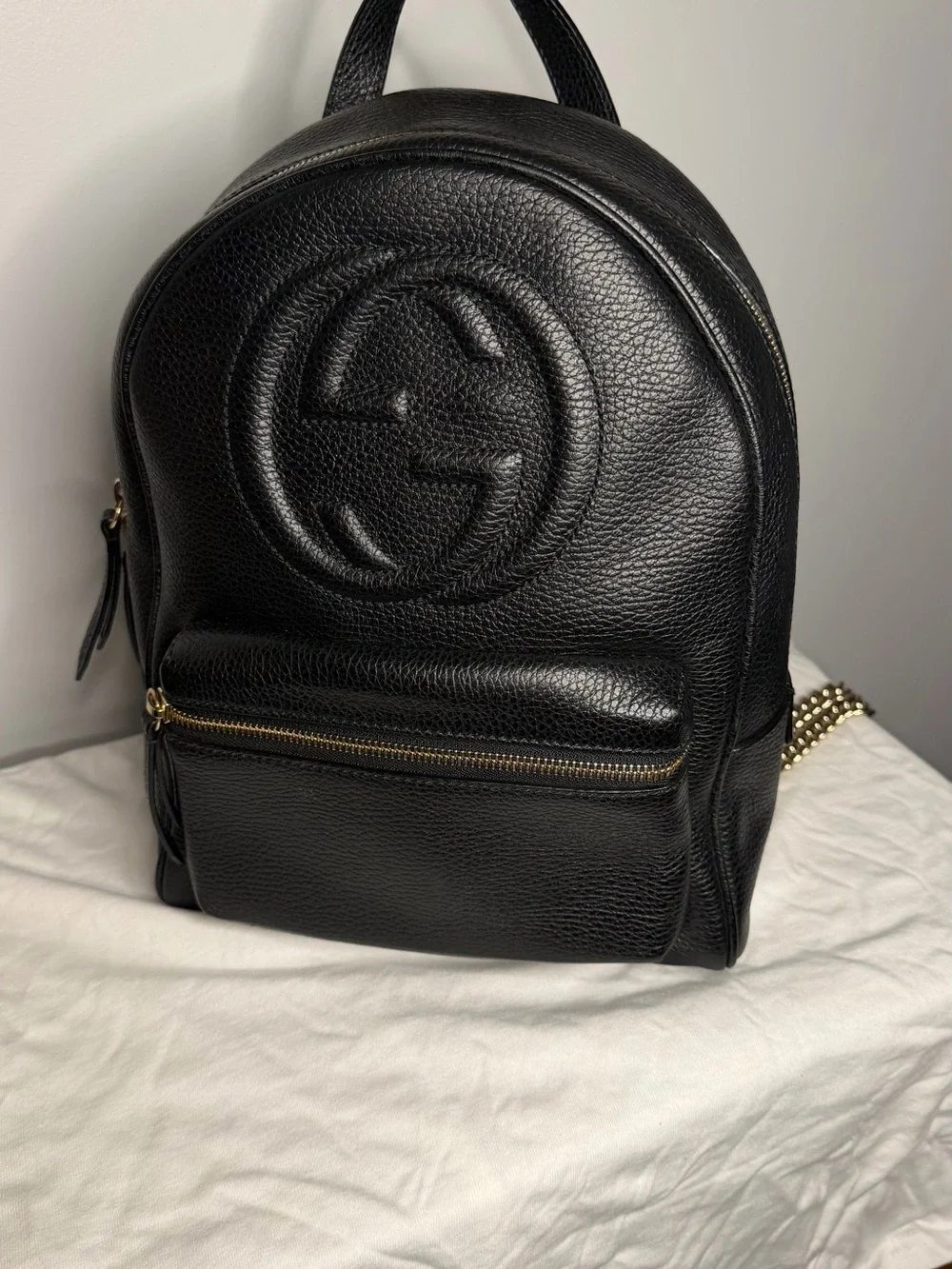 Gucci Black Pebbled Leather Mini Backpack with Gold Chain Straps